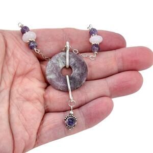 Estate Sterling Silver 925 Jasper Donut Amethyst Bead Necklace 17"